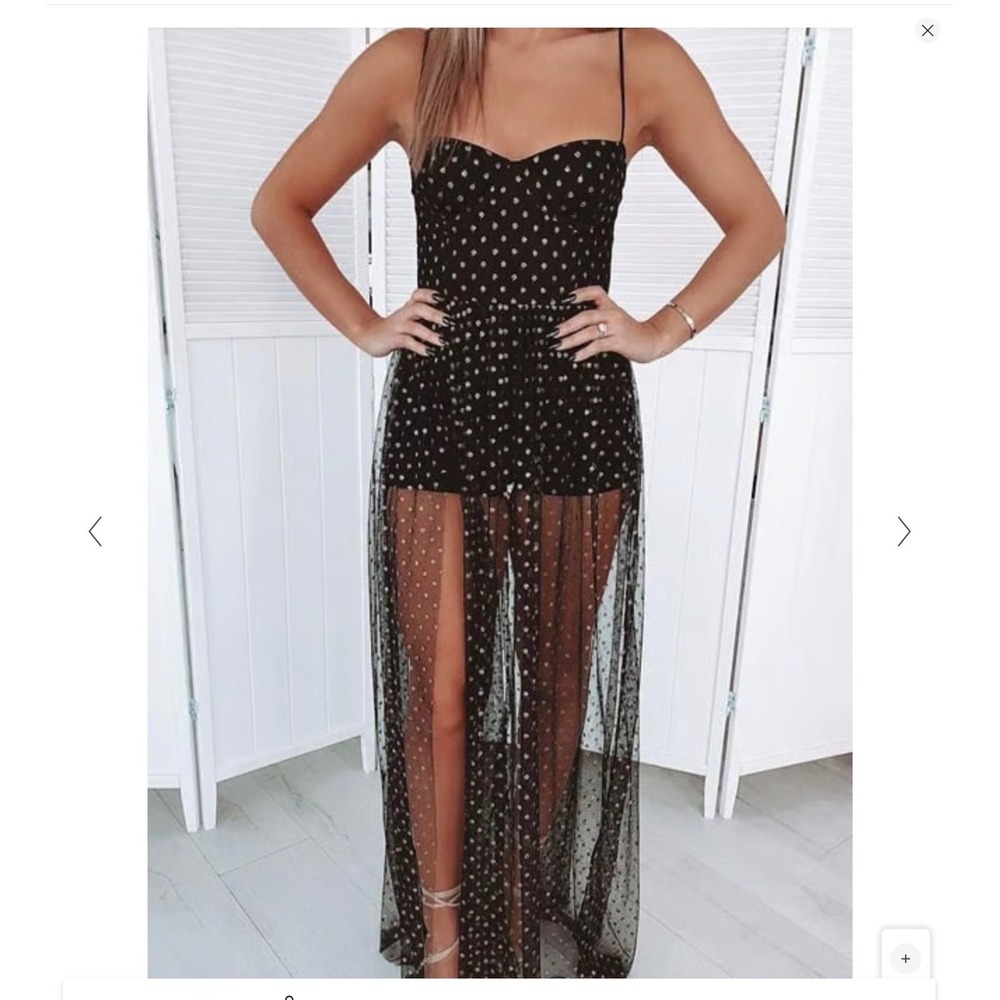 White Fox Maxi Dress Women XS Black Gold Polka Dot Sheer Mesh Underwire 2pc Set
